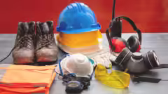 work-safety-protection-equipment-industrial-protective-gear-wooden-table-red-color-background_771335-10860